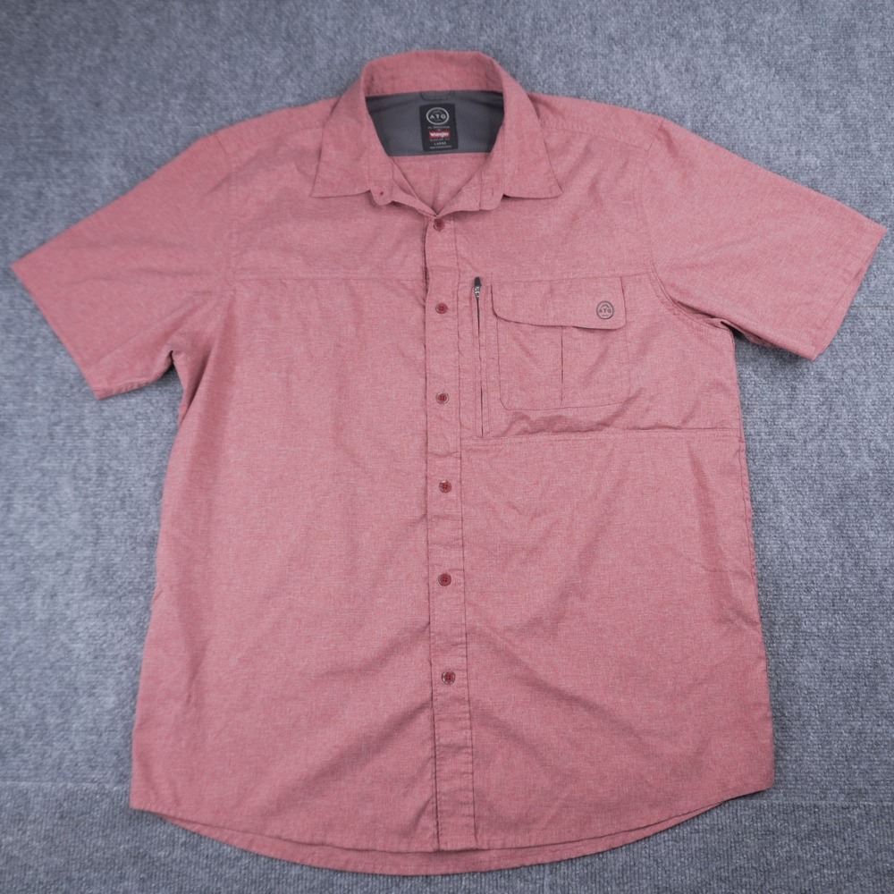 Wrangler ATG Button Down Shirt Mens Large Pink Short Sleeve Utility Regular Fit